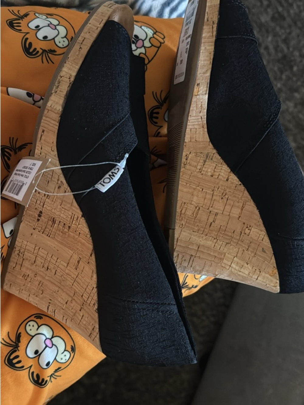 TOMS Black Fabric Wedge Espadrilles with Cork Platform